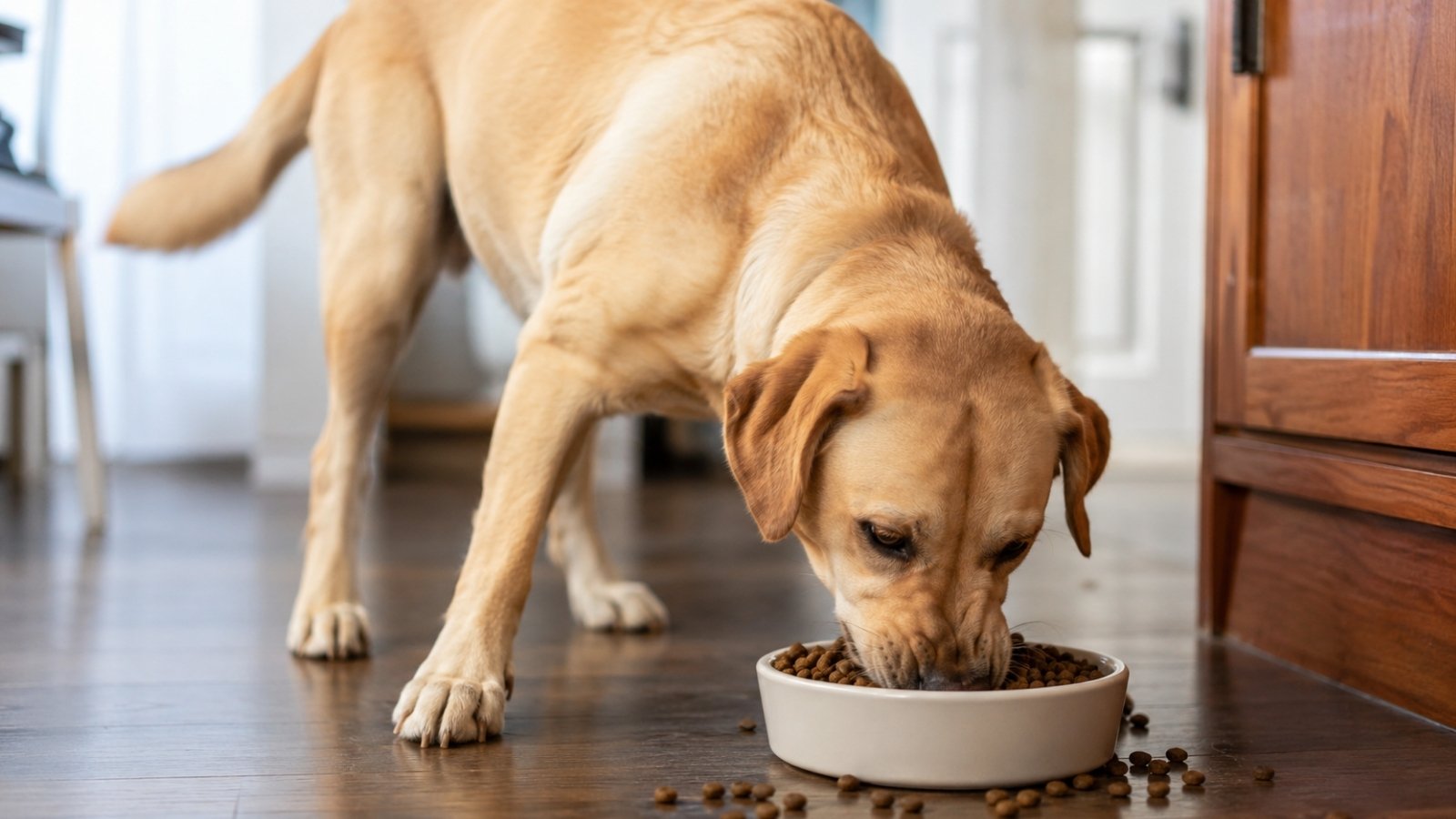 Hund schlingt sein Futter sehr schnell aus dem Futternapf