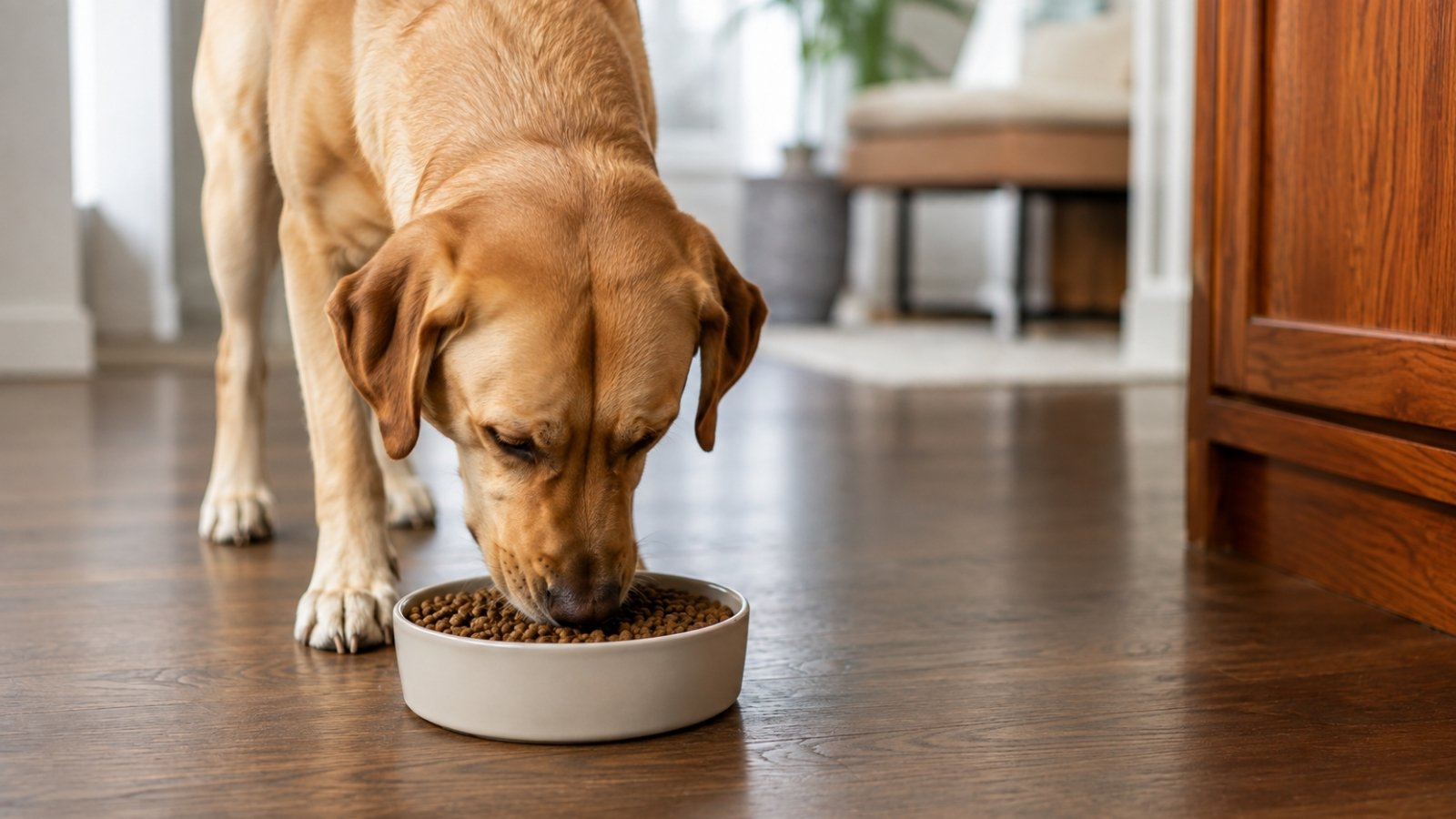 Hund frisst ruhig und entspannt aus seinem Futternapf
