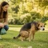 Hund beim Kotabsatz im Park mit Hundehalterin und Kotbeutel