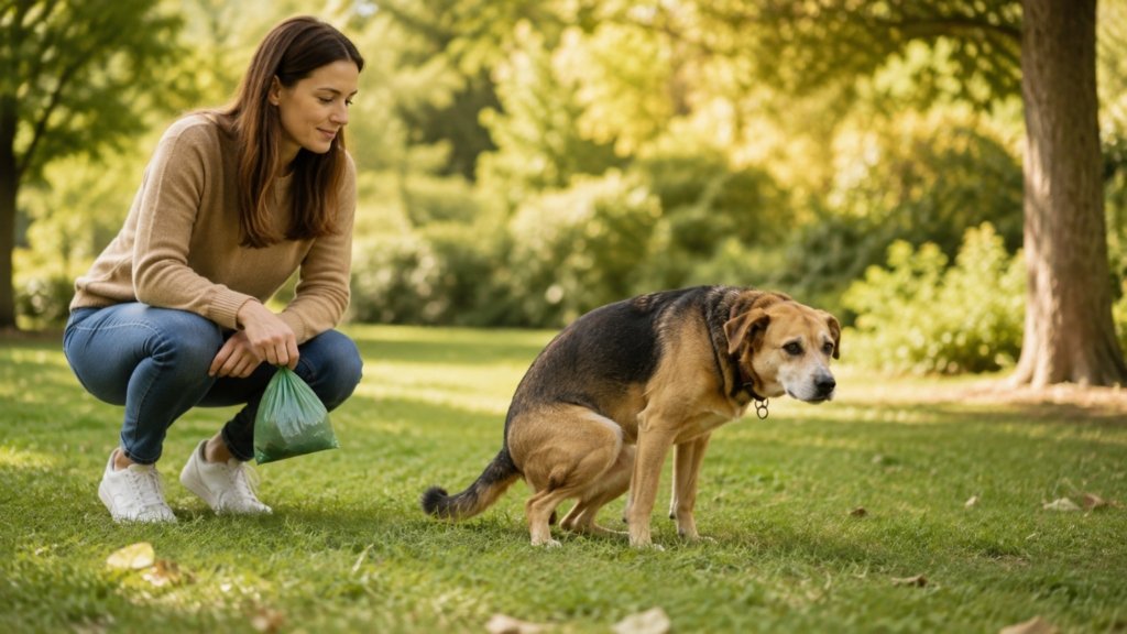 Hund beim Kotabsatz im Park mit Hundehalterin und Kotbeutel