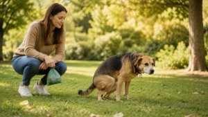 Hund beim Kotabsatz im Park mit Hundehalterin und Kotbeutel